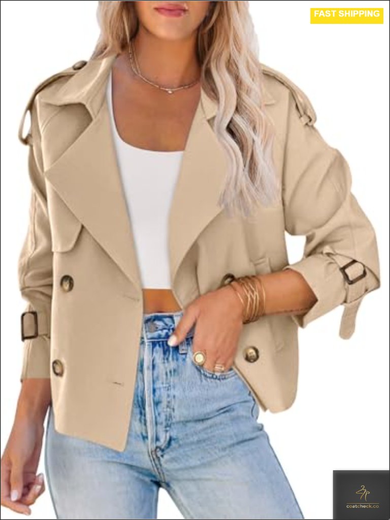 Women's Double Breasted Crop Trench Coat, Raglan Sleeve, 100% Polyester,